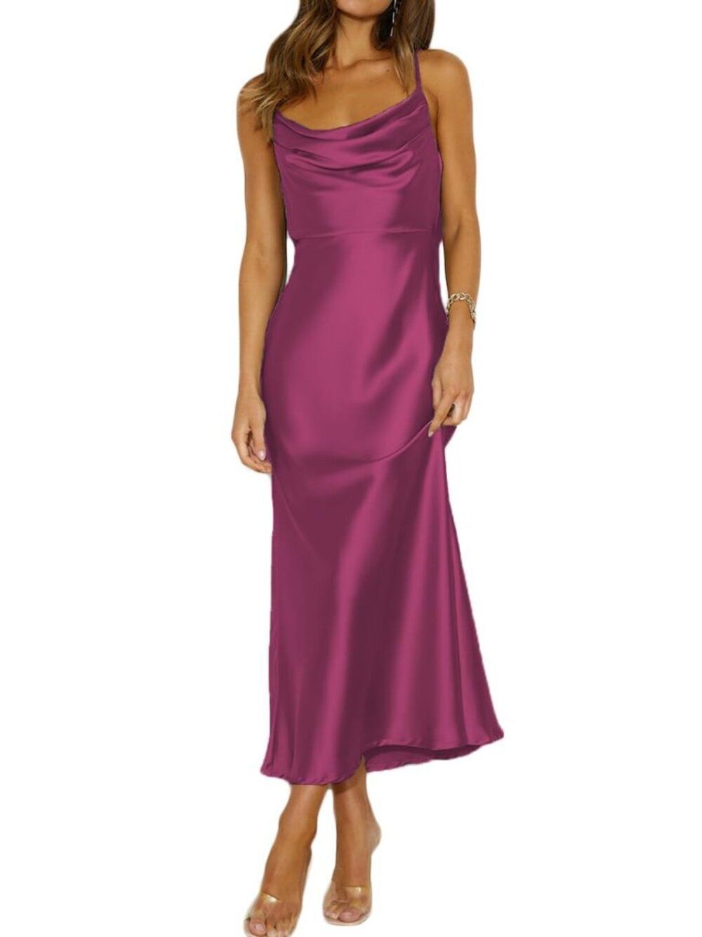 Mogidol Fuchsia Satin Spaghetti Strap Cowl Neck Backless Dress